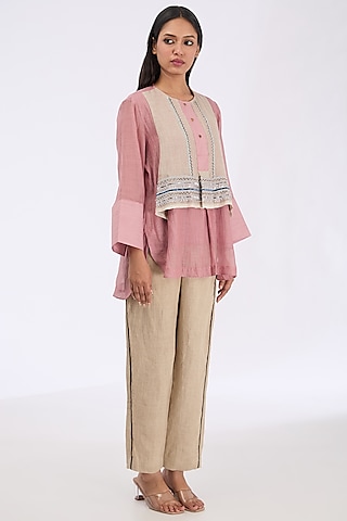Onion Pink Silk Chanderi Zardosi Embroidered Shirt by GRAINE