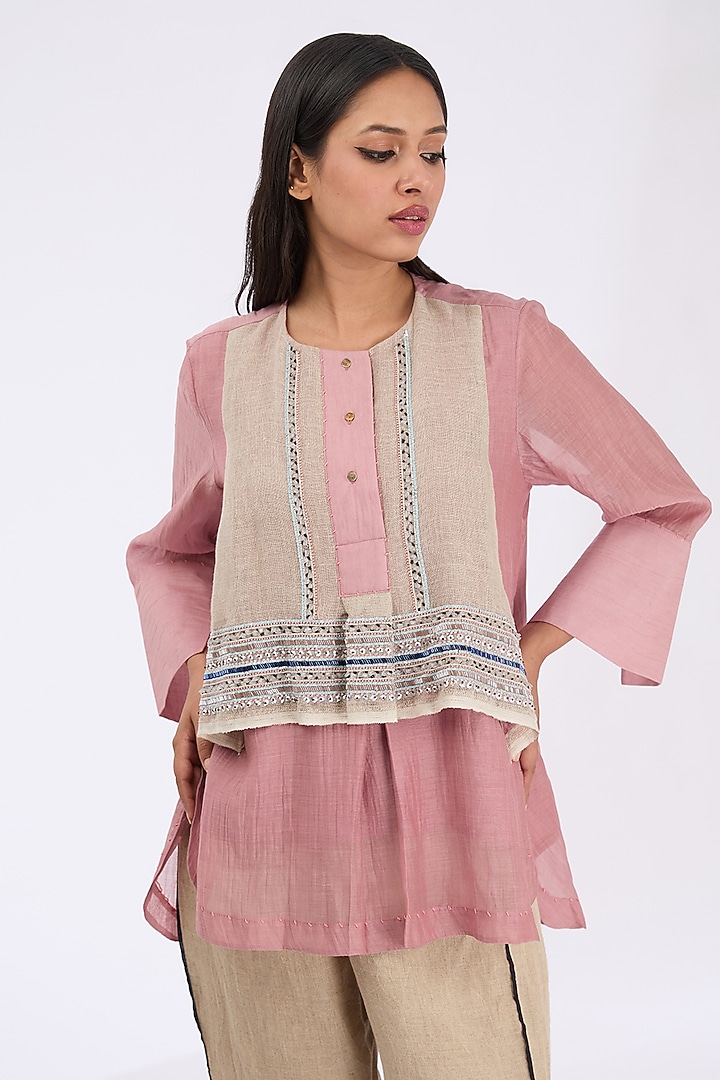 Onion Pink Silk Chanderi Zardosi Embroidered Shirt by GRAINE at Pernia's Pop Up Shop