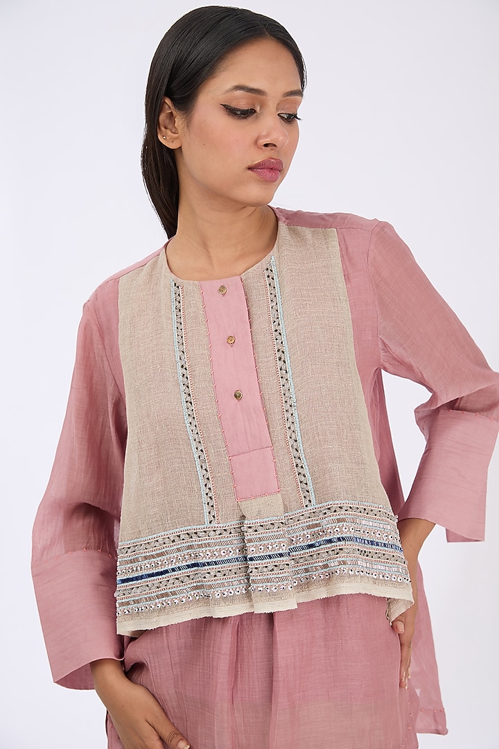 Onion Pink Silk Chanderi Zardosi Embroidered Shirt by GRAINE at Pernia's Pop Up Shop