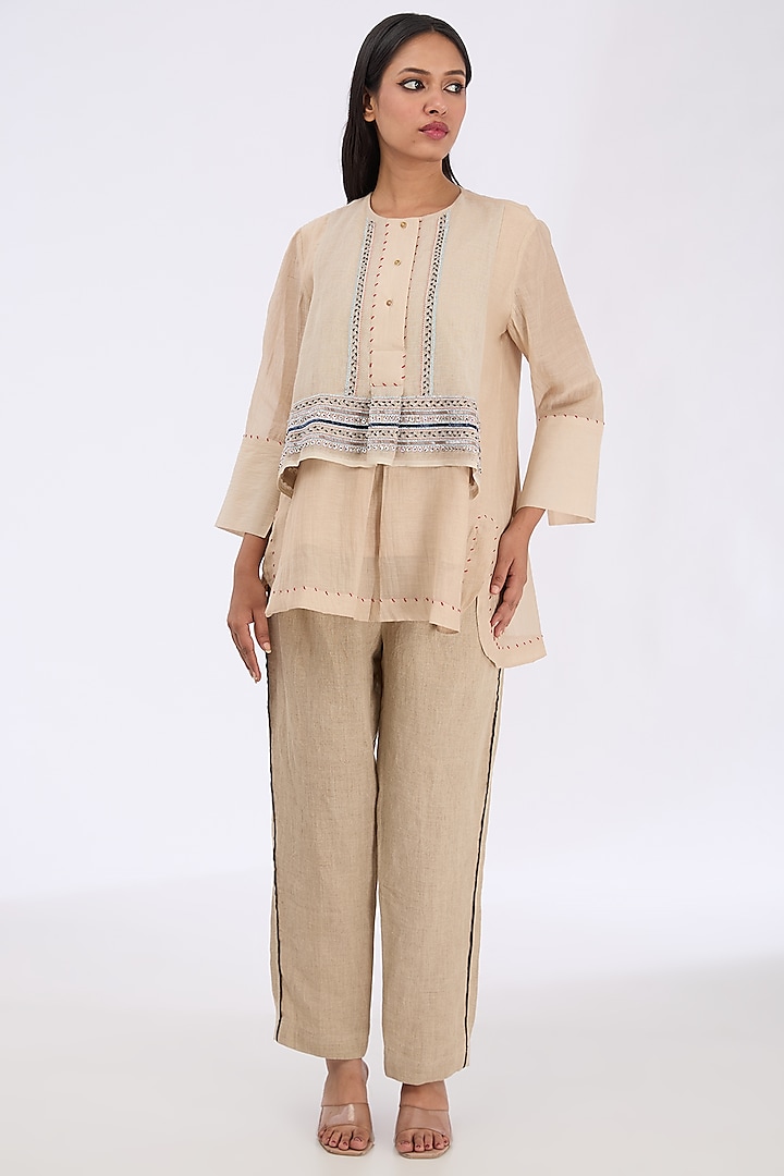 Skin Dust Silk Chanderi Zardosi Embroidered Shirt by GRAINE at Pernia's Pop Up Shop