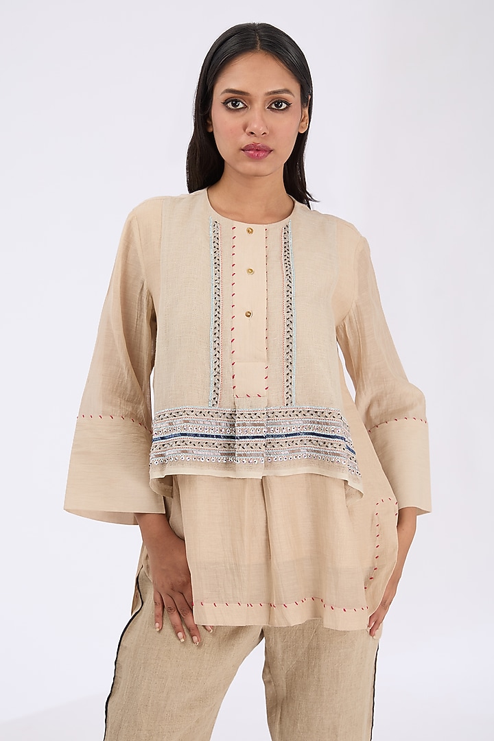 Skin Dust Silk Chanderi Zardosi Embroidered Shirt by GRAINE at Pernia's Pop Up Shop
