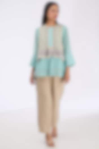 Sea Blue Silk Chanderi Zardosi Embroidered Shirt by GRAINE at Pernia's Pop Up Shop