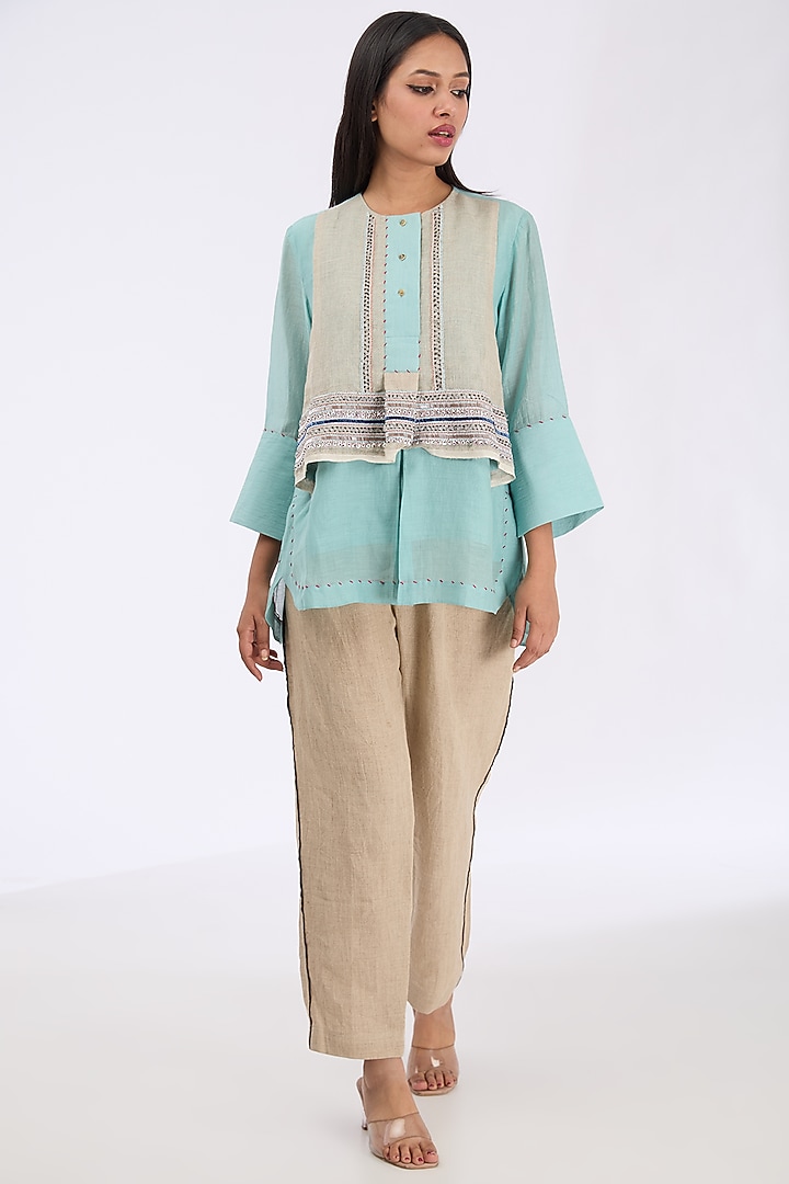 Sea Blue Silk Chanderi Zardosi Embroidered Shirt by GRAINE at Pernia's Pop Up Shop
