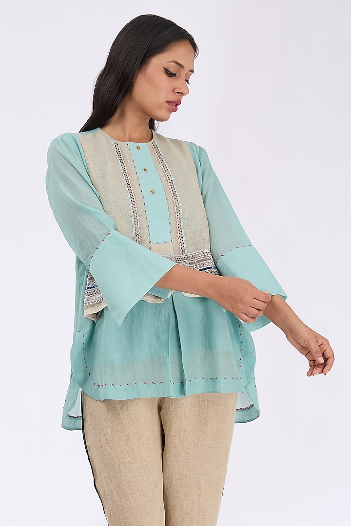 Sea Blue Silk Chanderi Zardosi Embroidered Shirt by GRAINE at Pernia's Pop Up Shop