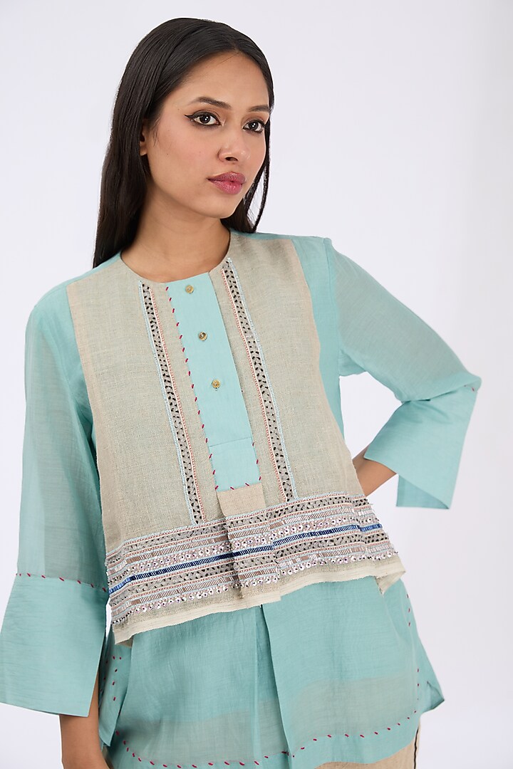 Sea Blue Silk Chanderi Zardosi Embroidered Shirt by GRAINE at Pernia's Pop Up Shop