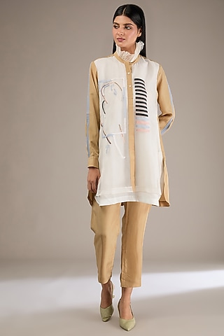 White & Ochre Silk Patchwork Co-Ord Set by GRAINE