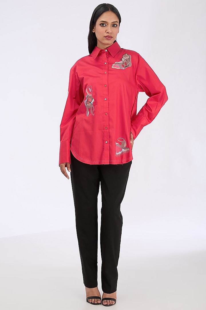 Tart Red Giza Cotton Thread Embroidered Shirt by GRAINE at Pernia's Pop Up Shop