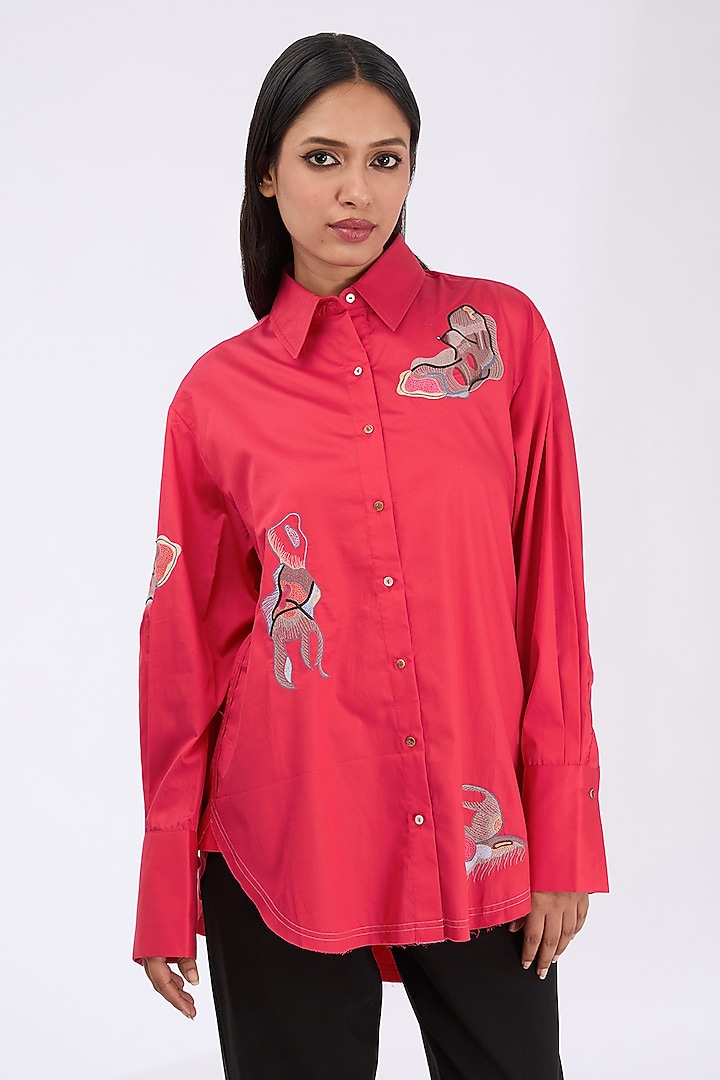 Tart Red Giza Cotton Thread Embroidered Shirt by GRAINE at Pernia's Pop Up Shop