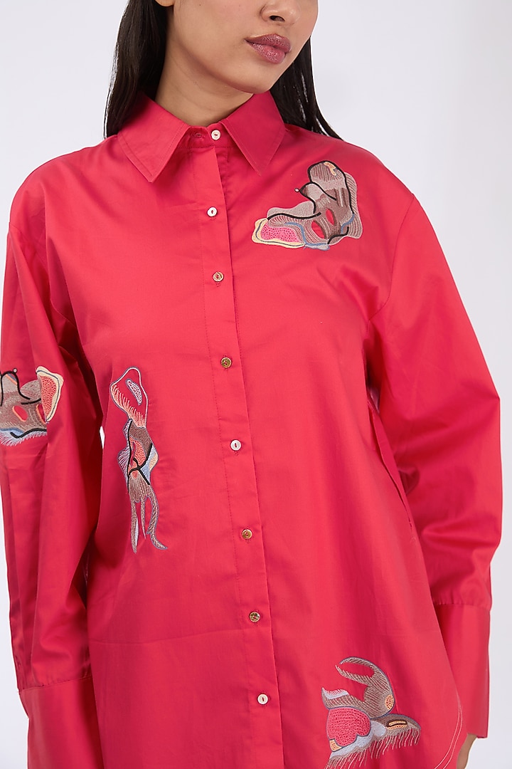 Tart Red Giza Cotton Thread Embroidered Shirt by GRAINE at Pernia's Pop Up Shop