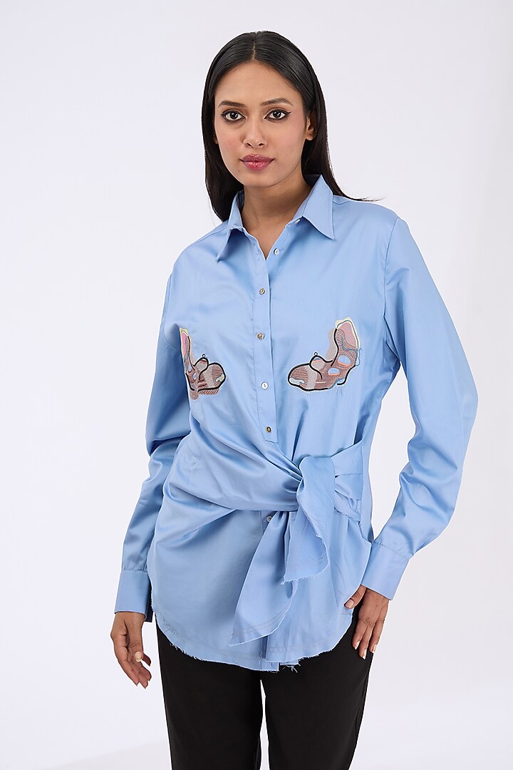 Infinity Blue Giza Cotton Thread Embroidered Shirt by GRAINE at Pernia's Pop Up Shop