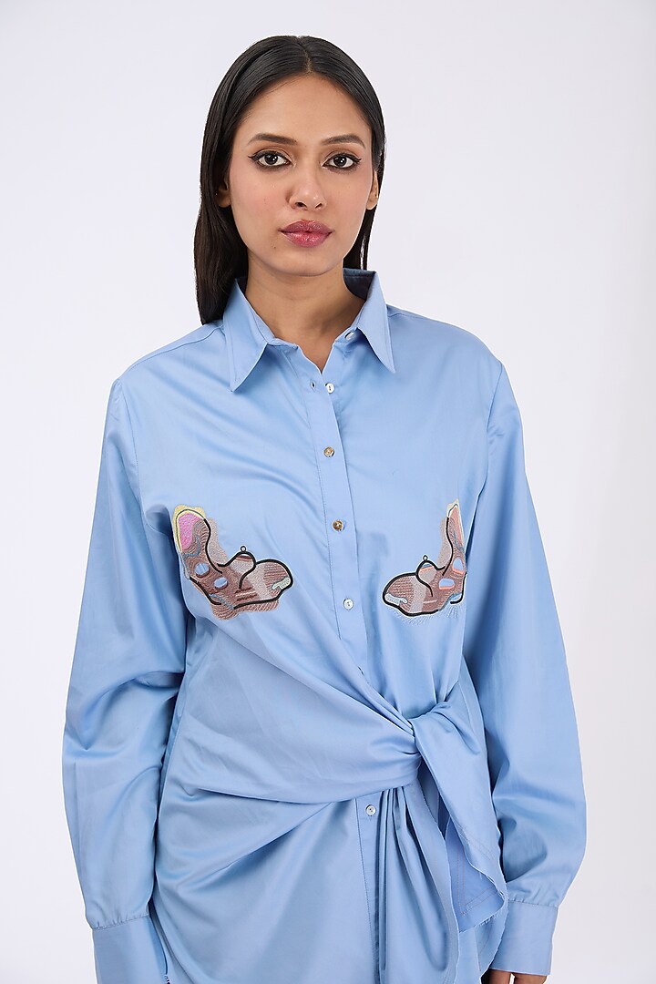 Infinity Blue Giza Cotton Thread Embroidered Shirt by GRAINE at Pernia's Pop Up Shop
