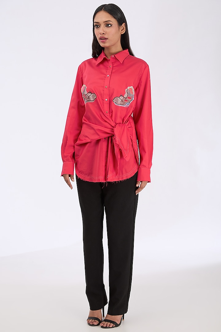 Tart Red Giza Cotton Thread Embroidered Knotted Shirt by GRAINE at Pernia's Pop Up Shop