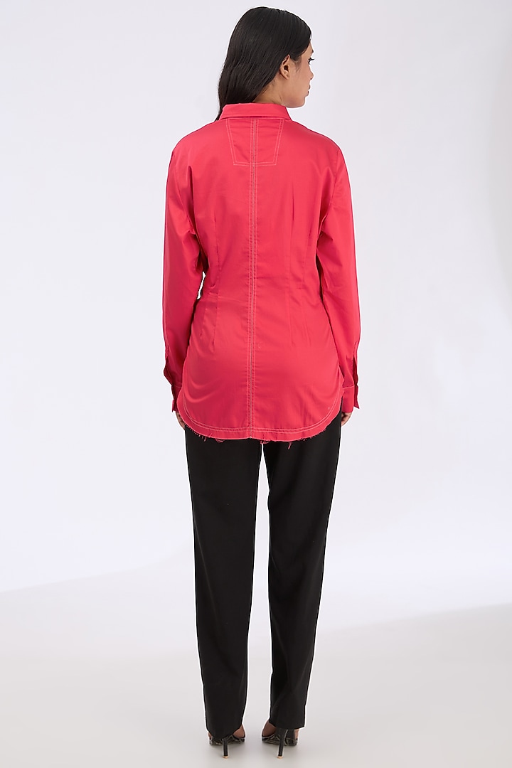Tart Red Giza Cotton Thread Embroidered Knotted Shirt by GRAINE at Pernia's Pop Up Shop