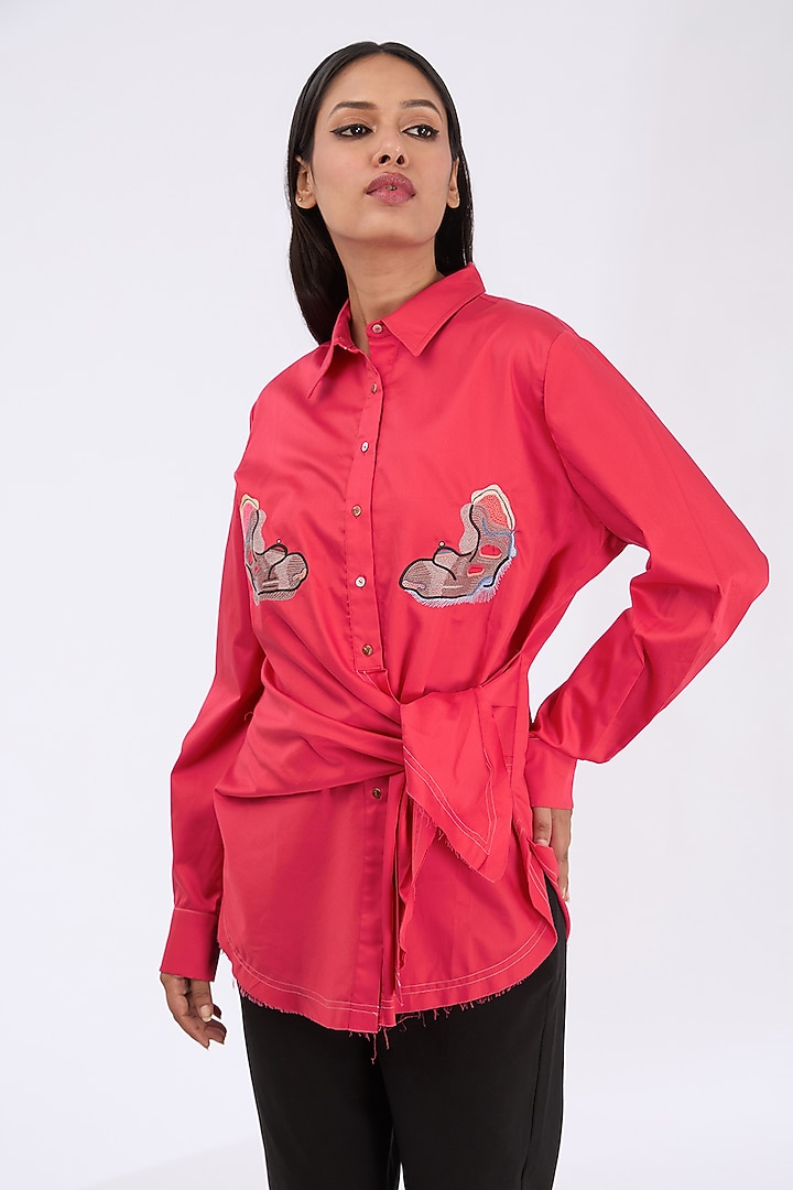 Tart Red Giza Cotton Thread Embroidered Knotted Shirt by GRAINE at Pernia's Pop Up Shop