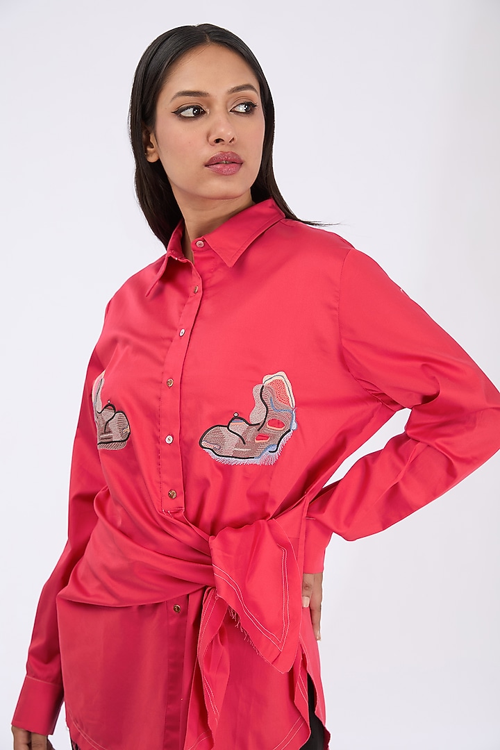 Tart Red Giza Cotton Thread Embroidered Knotted Shirt by GRAINE at Pernia's Pop Up Shop