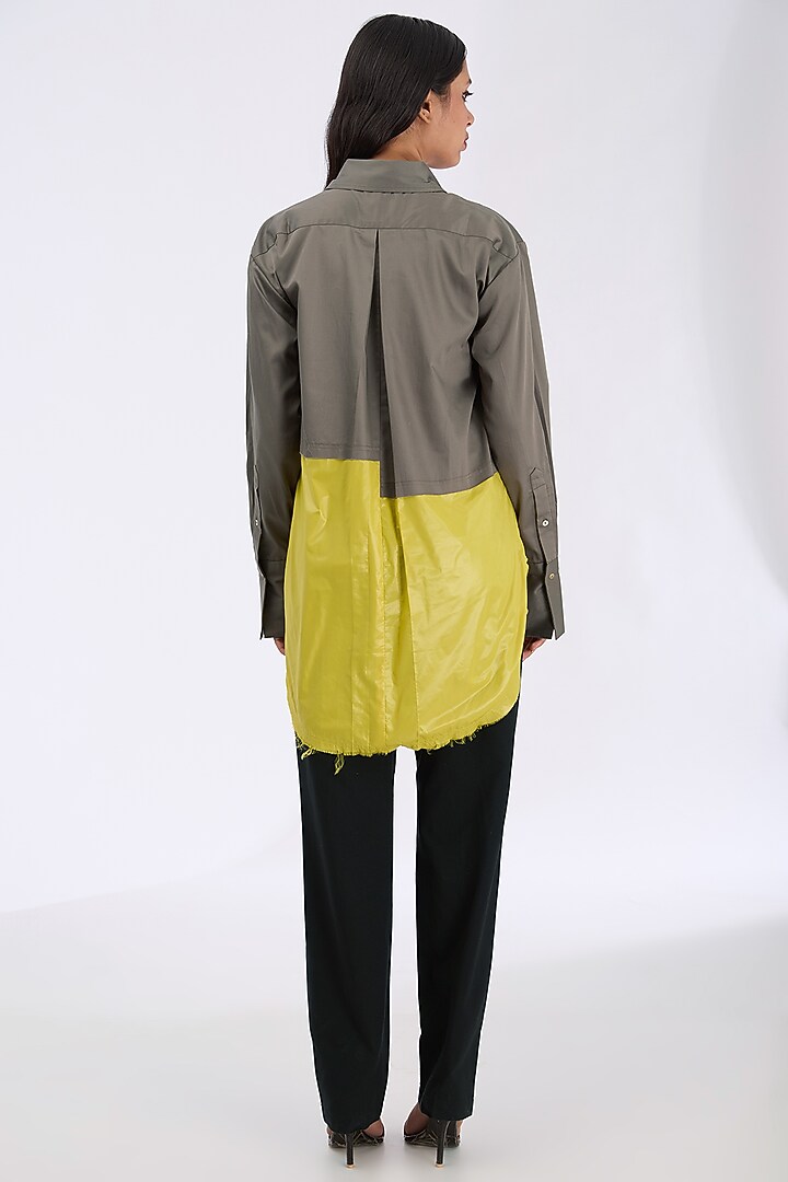 Dark Taupe & Lime Giza Cotton Thread Embroidered Shirt by GRAINE at Pernia's Pop Up Shop