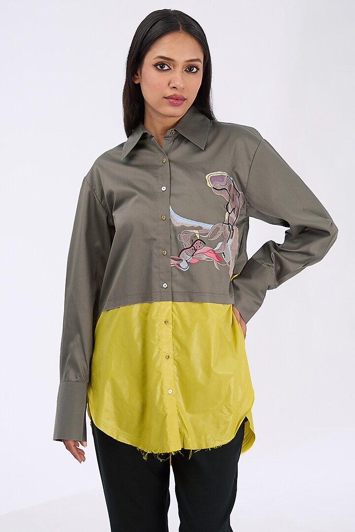 Dark Taupe & Lime Giza Cotton Thread Embroidered Shirt by GRAINE at Pernia's Pop Up Shop