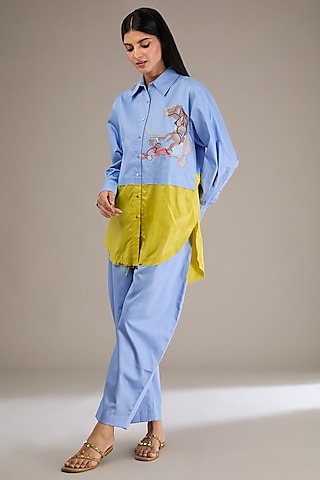 Blue Giza Cotton Thread Work Co-Ord Set by GRAINE