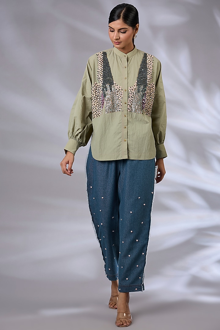 Blue Denim Mid Wash Trousers by GRAINE at Pernia's Pop Up Shop