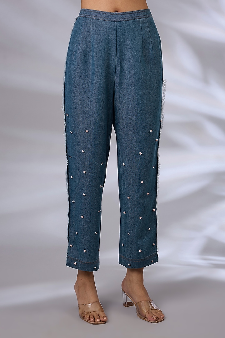 Blue Denim Mid Wash Trousers by GRAINE at Pernia's Pop Up Shop