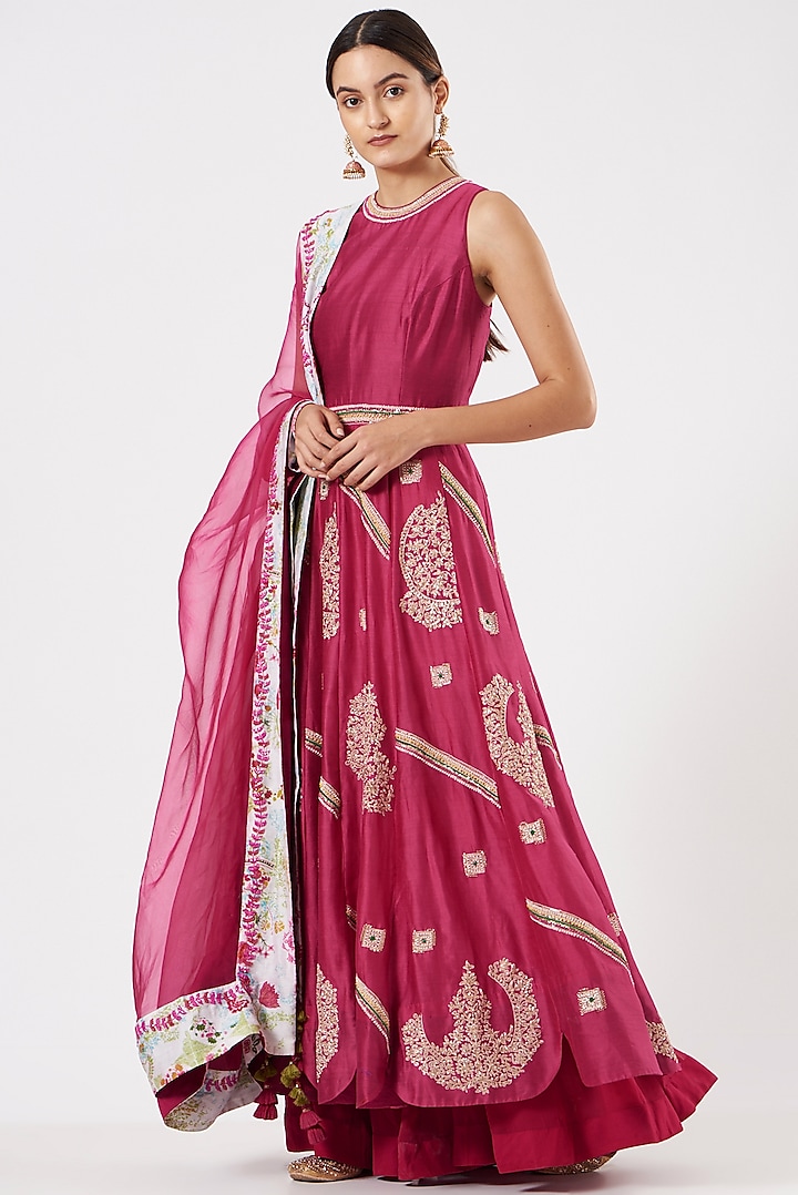 Hot Pink Chanderi Embroidered Anarkali by Garo