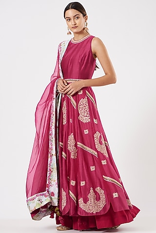 Hot Pink Chanderi Embroidered Anarkali by Garo