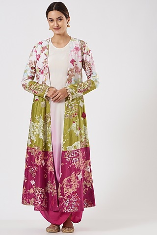 Multi-Colored Chanderi Mirror Embroidered & Printed Jacket Set by Garo