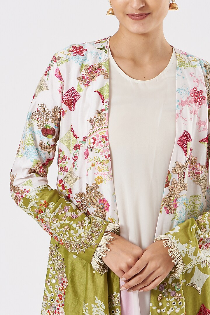 Multi-Colored Chanderi Mirror Embroidered & Printed Jacket Set by Garo at Pernia's Pop Up Shop