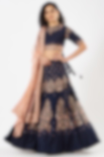 Dark Blue Zardosi Embroidered Lehenga Set by Garo