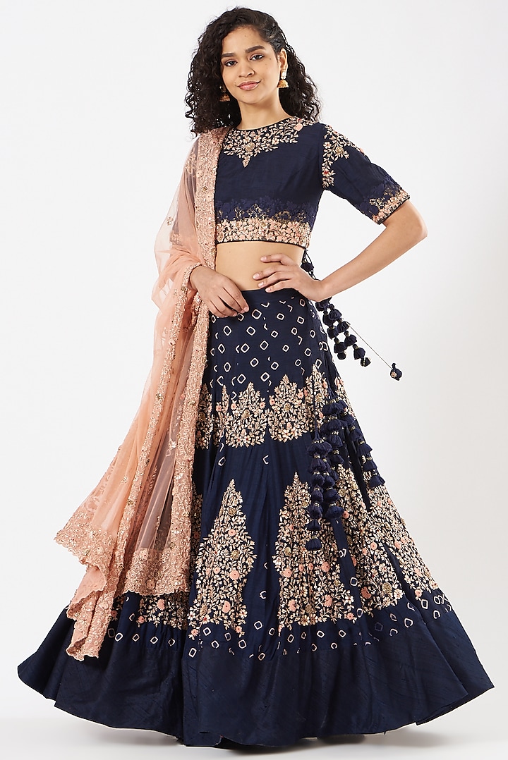 Dark Blue Zardosi Embroidered Lehenga Set by Garo