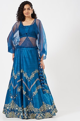 Cobalt Blue Embroidered Lehenga by Garo