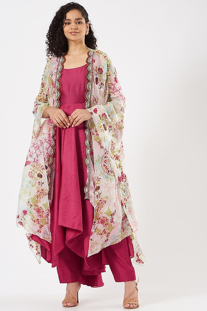 White Floral Printed Cape Set by Garo