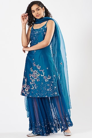Cobalt Blue Embroidered Sharara Set by Garo