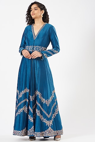 Cobalt Blue Embroidered Jacket Lehenga Set by Garo