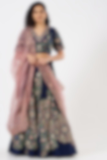 Dark Blue Embroidered Lehenga Set by Garo