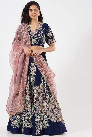 Dark Blue Embroidered Lehenga Set by Garo