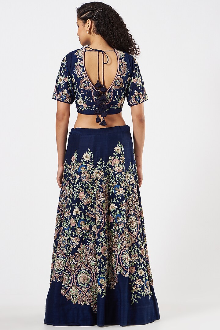 Dark Blue Embroidered Wedding Lehenga Set by Garo at Pernia's Pop Up Shop