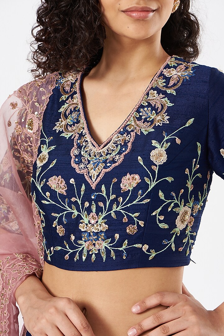 Dark Blue Embroidered Wedding Lehenga Set by Garo at Pernia's Pop Up Shop