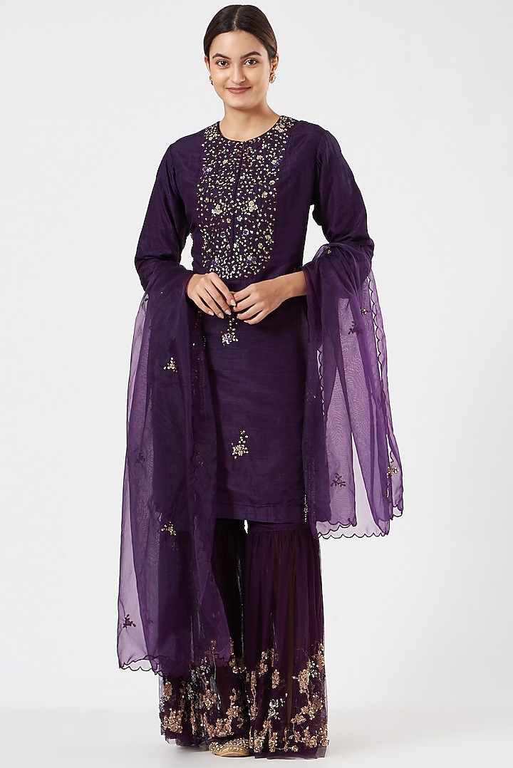 Violet Organza Embroidered Gharara Set by Garo at Pernia's Pop Up Shop