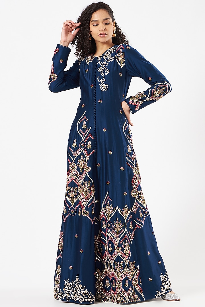 Cobalt Blue Embroidered Long Jacket by Garo