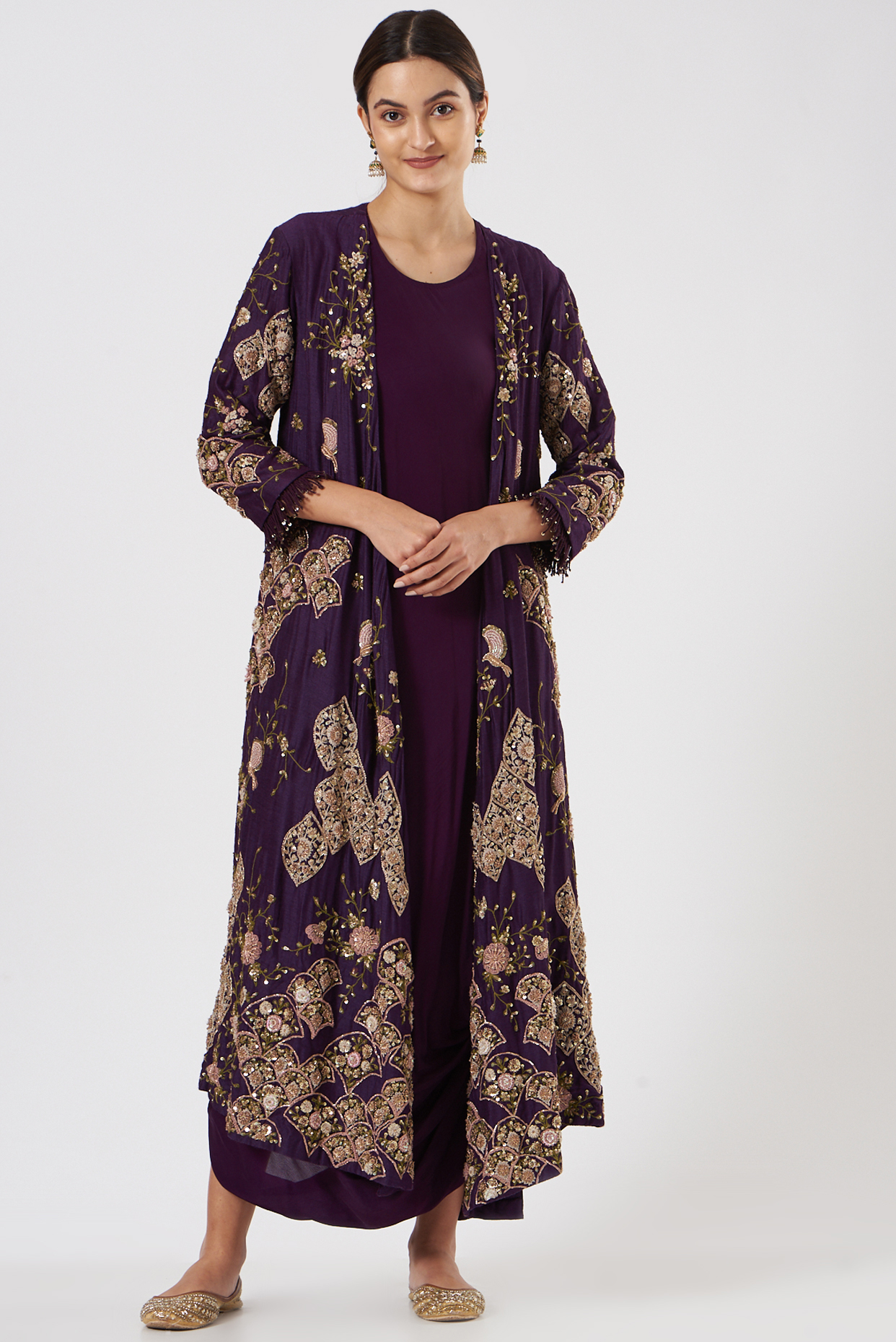 Purple Crepe Embroidered Jacket Set by Garo