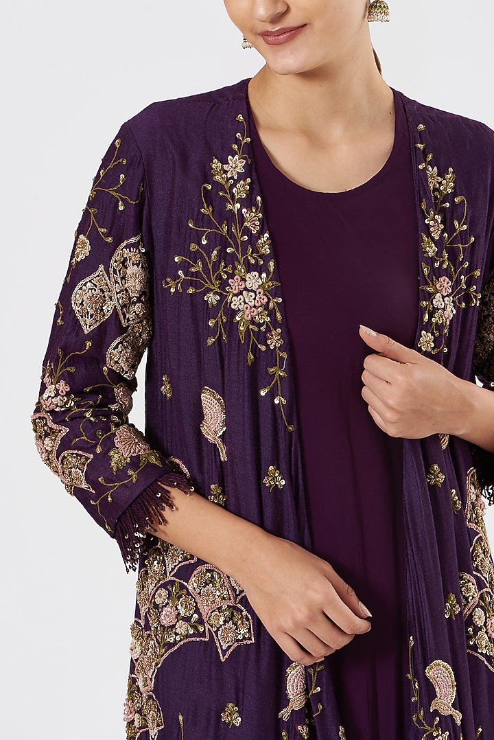 Purple Crepe Embroidered Jacket Set by Garo at Pernia's Pop Up Shop