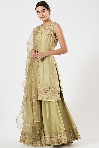Lime Green Muslin Gharara Set by Garo