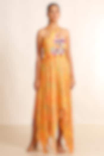 Yellow Silk Muslin Hand Embroidered Asymmetrical Flared Dress by Garo at Pernia's Pop Up Shop