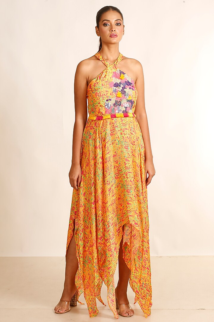 Yellow Silk Muslin Hand Embroidered Asymmetrical Flared Dress by Garo at Pernia's Pop Up Shop