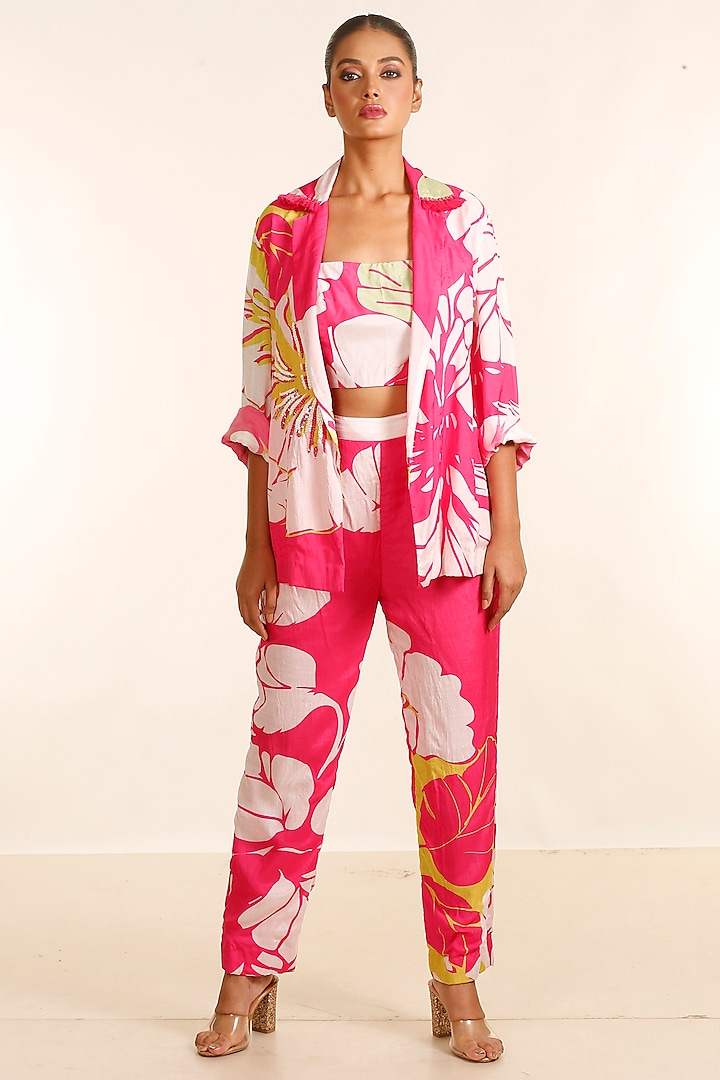 Fuchsia & White Silk Muslin Hand Embroidered Jacket Set by Garo at Pernia's Pop Up Shop