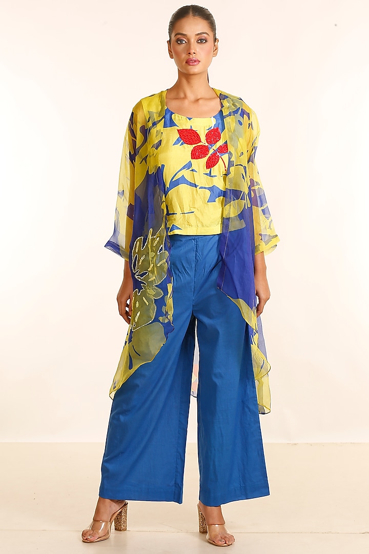 Cobalt Blue & Yellow Organza Jacket Set by Garo at Pernia's Pop Up Shop