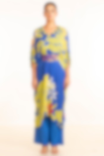 Cobalt Blue & Yellow Chiffon Kaftan Set by Garo at Pernia's Pop Up Shop