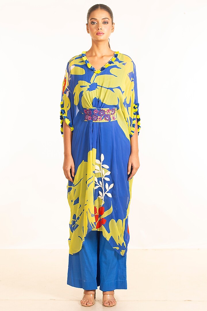 Cobalt Blue & Yellow Chiffon Kaftan Set by Garo at Pernia's Pop Up Shop