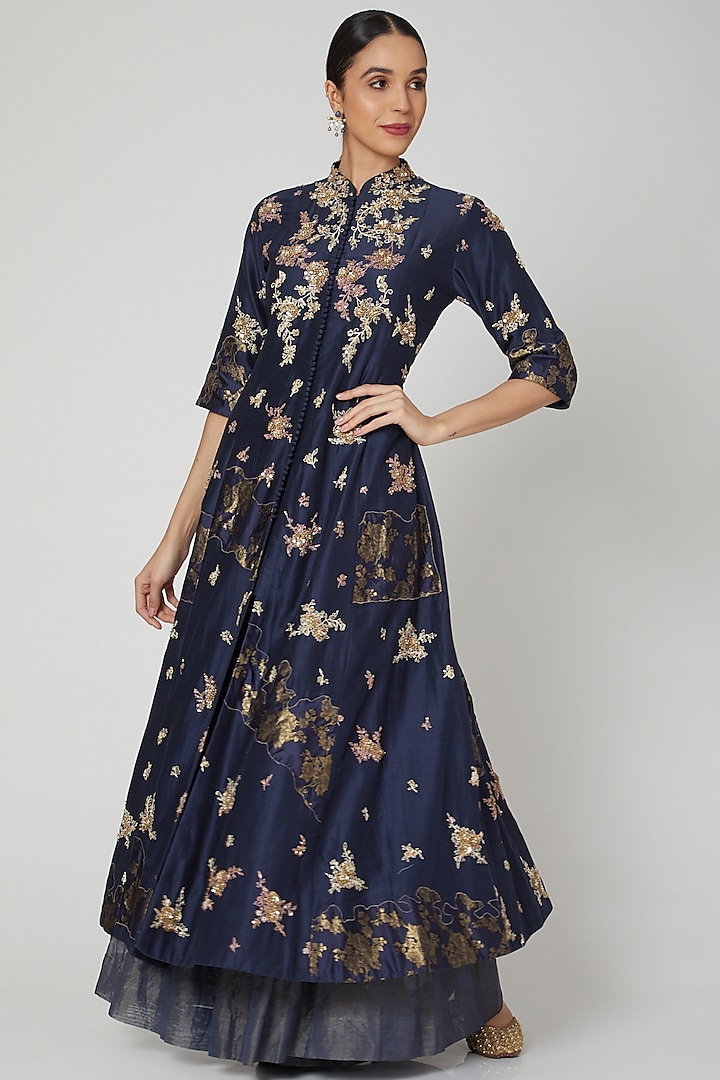 Midnight Blue Embroidered Anarkali With Gharara by Garo